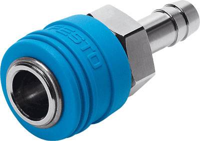 Un raccord rapide Festo bleu pour applications pneumatiques, composé d'un boîtier bleu et d'un raccord métallique.