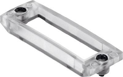 Support en plastique transparent avec ouverture rectangulaire. Il dispose de deux trous de vis aux extrémités pour la fixation.