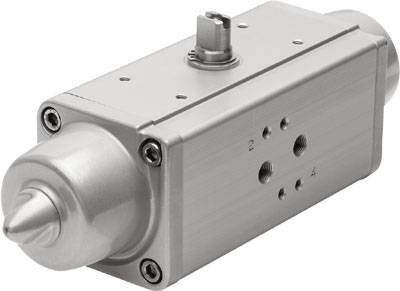 Un actionneur pneumatique argenté avec boîtier rectangulaire et plusieurs trous de fixation, adapté aux applications industrielles.