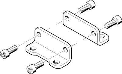 Dessin technique de deux plaques métalliques avec quatre vis montrant une connexion entre elles.