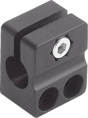 Une pièce métallique noire avec deux trous ronds en bas et une fente rectangulaire en haut, contenant une vis hexagonale.