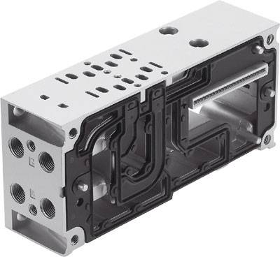 Composant rectangulaire gris avec des canaux internes noirs et plusieurs trous de perçage, probablement un élément d'un système pneumatique.