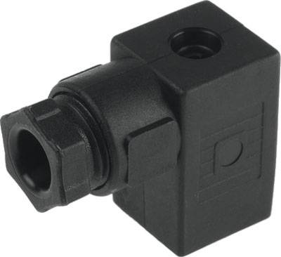 Un connecteur électrique noir rectangulaire avec un raccordement cylindrique, utilisé pour connecter des câbles ou des tuyaux.