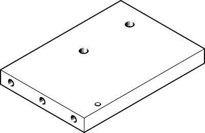 'Dessin isométrique d'une plaque métallique rectangulaire avec plusieurs trous de différentes tailles sur le dessus et sur les côtés.'