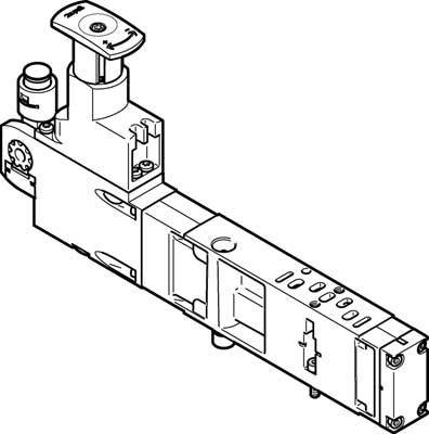 Dessin au trait d'un composant de machine industrielle avec plusieurs connexions et interrupteurs montés sur une base rectangulaire.
