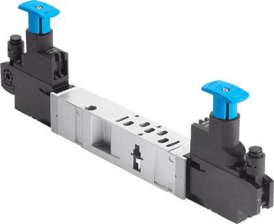 Bloc de ventilation avec deux leviers bleus et un boîtier argenté ; utilisé pour le contrôle des systèmes pneumatiques dans des applications industrielles.