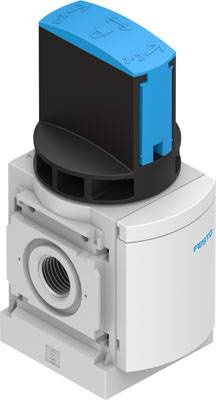 Vanne industrielle avec un levier bleu et noir et un corps cylindrique, montée sur une base blanche. La vanne est conçue pour des applications pneumatiques.