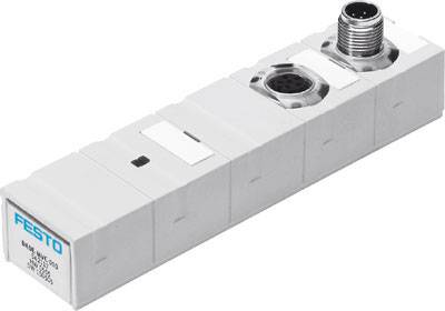 Un bloc de vannes Festo avec plusieurs raccordements ; un dispositif rectangulaire gris utilisé dans des applications industrielles.