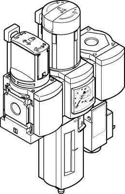 Illustration d'un système d'unité de maintenance pneumatique composé d'un filtre, d'un régulateur et d'un huileur, pour le traitement de l'air comprimé.