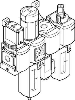 Dessin au trait d'un régulateur de pression d'air avec plusieurs vannes et manomètre. Composant industriel pour le contrôle des systèmes pneumatiques.