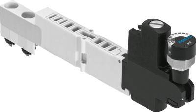 Une vanne pneumatique à plusieurs raccords, avec un commutateur pivotant et le logo Festo, destinée au contrôle des systèmes à air comprimé.