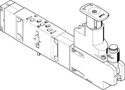 Dessin technique d'un composant pneumatique avec une vanne et un interrupteur, présentant les raccordements et la forme du boîtier.