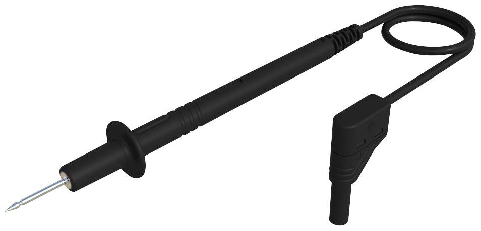 Un câble de mesure noir pour oscilloscope avec une pointe de sonde pointue et un câble torsadé se terminant en angle.