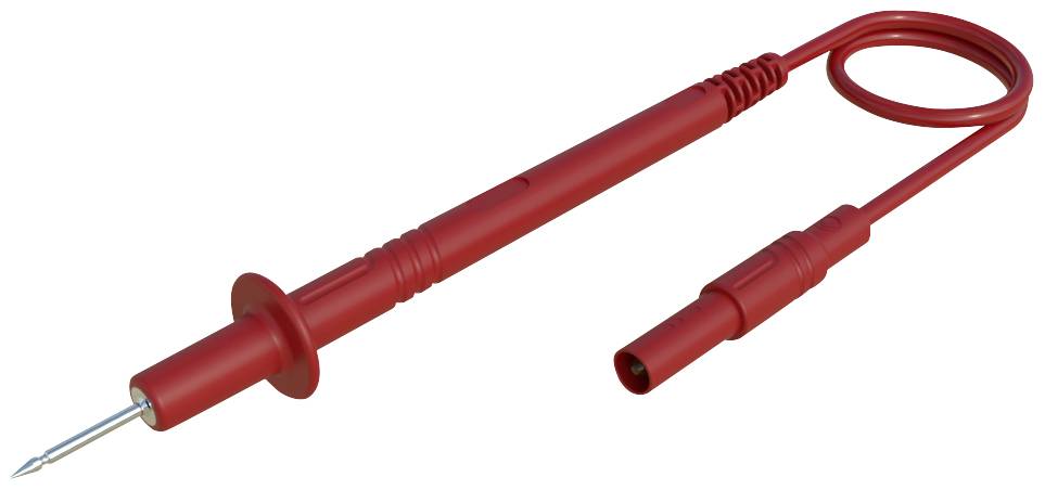 Une pointe de test rouge avec câble, généralement utilisée pour les mesures électriques, est posée devant un arrière-plan neutre.