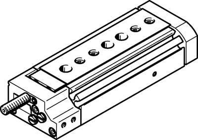 Dessin technique d'un vérin pneumatique linéaire avec plusieurs trous de vis et un raccordement latéral.
