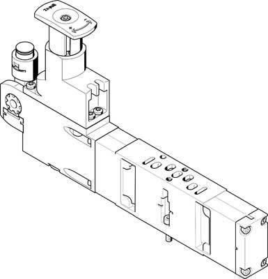 Dessin technique d'une vanne à plusieurs raccordements et leviers. Représentation des composants mécaniques et de leur disposition.