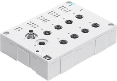 Boîte de commande électronique blanche rectangulaire avec plusieurs connexions rondes et des étiquettes sur le dessus, utilisée pour des applications industrielles.