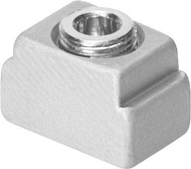 Une pièce rectangulaire en argent avec un filetage central. Elle semble utilisée pour la fixation de composants mécaniques.