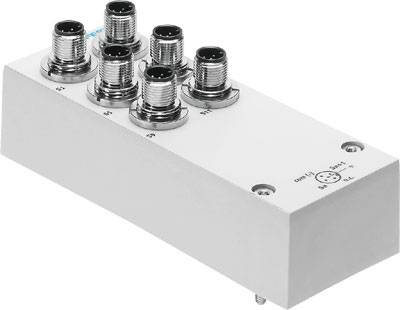 Une boîte blanche avec six connecteurs métalliques ronds sur le dessus. Chaque connecteur est numéroté. Un connecteur unique se trouve sur le côté.