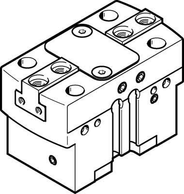 Un dessin technique d'un composant mécanique, probablement un bloc préhenseur, avec plusieurs perçages et détails de montage.