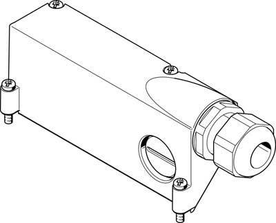 Dessin technique d'un composant rectangulaire avec raccord cylindrique, supports de montage et une ouverture caractéristique.