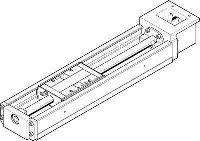 Dessin technique d'un actionneur linéaire avec deux rails de guidage parallèles et un chariot, idéal pour un contrôle de mouvement précis.
