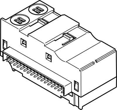 Dessin d'un connecteur électrique avec deux douilles rondes en haut et une barrette de contacts en bas.