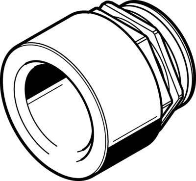 Un dessin technique simple représente un presse-étoupe cylindrique fileté avec des écrous, destiné à assurer une connexion de câble sécurisée.