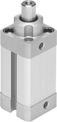 Un vérin pneumatique cylindrique dans un boîtier métallique.