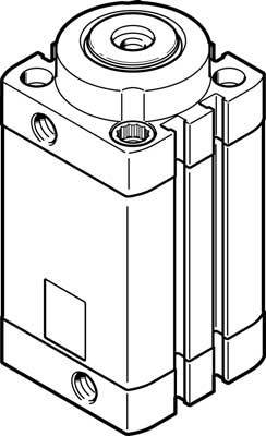 Dessin technique d'un vérin pneumatique, montrant une vue détaillée avec des trous de fixation et un raccord supérieur.