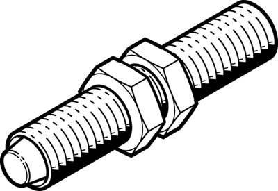 Dessin technique en noir et blanc d'une tige filetée avec des écrous et des rondelles au centre.