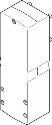 Dessin schématique d'un boîtier rectangulaire à coins arrondis, présentant plusieurs trous de vis et deux raccordements latéraux.