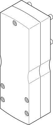 Objet rectangulaire aux bords arrondis avec plusieurs trous de vis représentés dans un dessin isométrique.