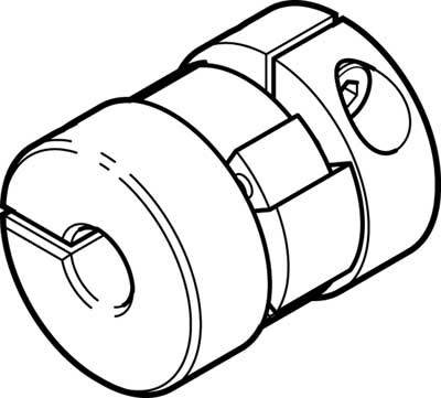 Dessin au trait d'un accouplement mécanique composé de deux pièces cylindriques reliées par un disque central.