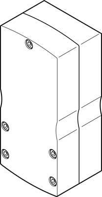 Dessin au trait d'un boîtier rectangulaire aux bords arrondis, comportant plusieurs trous de vis sur sa surface.