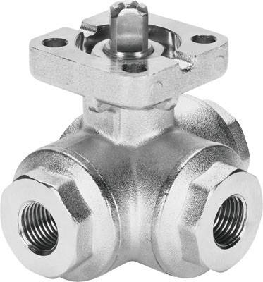 Une vanne à trois voies en métal argenté, utilisée dans les systèmes de tuyauterie pour diriger le flux entre plusieurs conduites.
