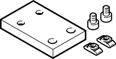 Dessin d'un bloc métallique rectangulaire avec quatre trous, deux boulons et deux composants de type pince, probablement destinés à des fins de montage.