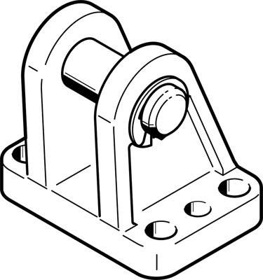 Pièce mécanique avec axe cylindrique, fixée sur une base rectangulaire pourvue de trous de fixation. Représentation en maillage filaire.