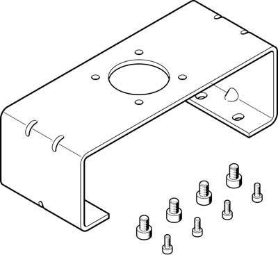 Dessin technique d'un support métallique avec des vis, montrant les trous de fixation et des vis de différentes tailles.
