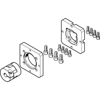 Vue éclatée d'une pièce mécanique comprenant deux plaques carrées, un élément cylindrique et les vis correspondantes.