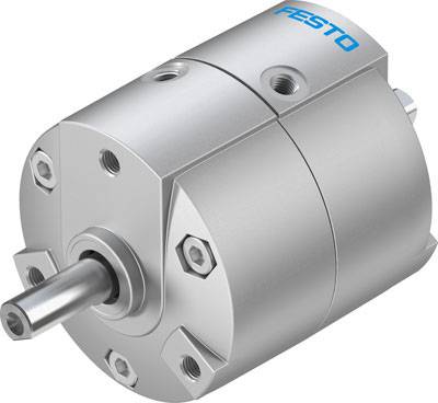 Actionneur pneumatique cylindrique argenté avec six vis et un logo. Produit technique de construction pour le contrôle de mouvement.