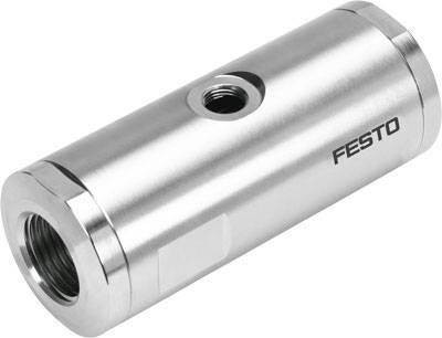 Un élément cylindrique en métal avec plusieurs ouvertures filetées, portant l'inscription 'Festo', probablement un élément de connexion.