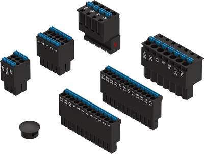 Plusieurs connecteurs noirs avec des marquages bleus et blancs, adaptés aux connexions électriques, sur un fond blanc.