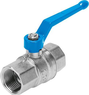 Un robinet à boule métallique avec une poignée de levier bleue pour le contrôle manuel du flux d'eau. Le robinet porte un symbole DN sur le côté.