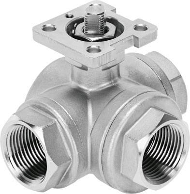 Un robinet métallique à trois voies avec trois connexions et une molette en haut, permettant de diriger le flux d'eau dans différentes directions.