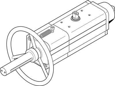Dessin au trait d'un vérin hydraulique avec anneau de fixation et mécanisme de réglage.