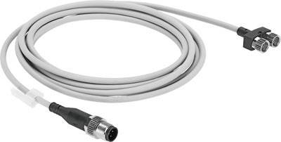 Un câble de données gris avec une connexion à fiche ronde et deux ports à l'autre extrémité. Adapté aux applications industrielles.