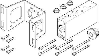 Dessin technique d'un ensemble de fixation comprenant un support d'angle, des vis et un composant cylindrique, destiné à des instructions de montage précises.