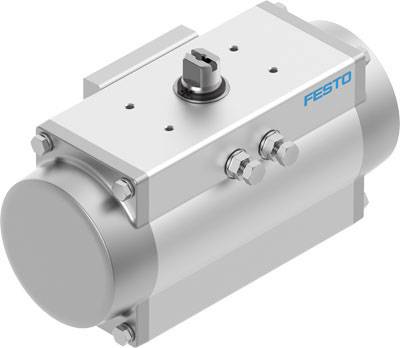 Un cylindre pneumatique avec un corps cylindrique, plusieurs raccordements et l'inscription 'Festo'. Utilisé dans des systèmes automatisés.