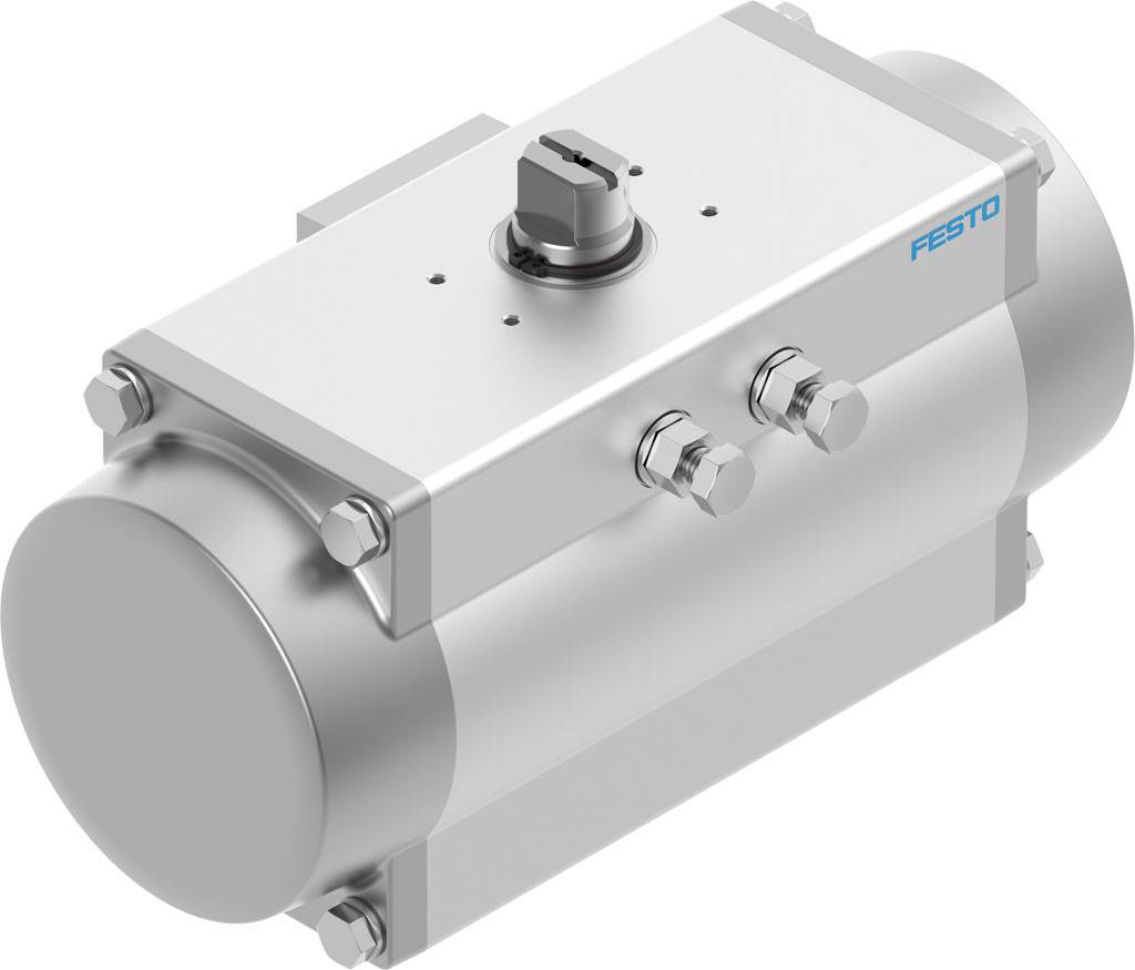 Actionneur pneumatique de FESTO, cylindrique avec deux vannes de raccordement, de couleur argent, adapté aux applications industrielles.